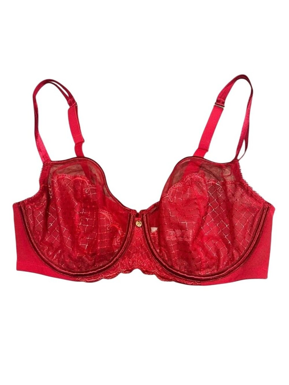 Cacique Women Sexy Red Sheer Lace Full Coverage Minimizer Underwire Bra Size 44C